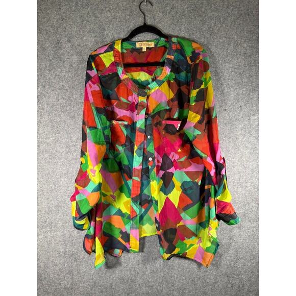 Democracy Blouse Women 2X Long Sleeve Button‎ Front Geoprint Artsy Semi Sheer - Picture 1 of 8